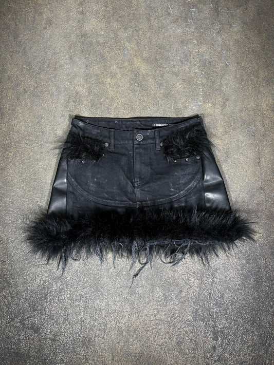 Subliminal Studios Leather Furr Denim Skirt Black Panther