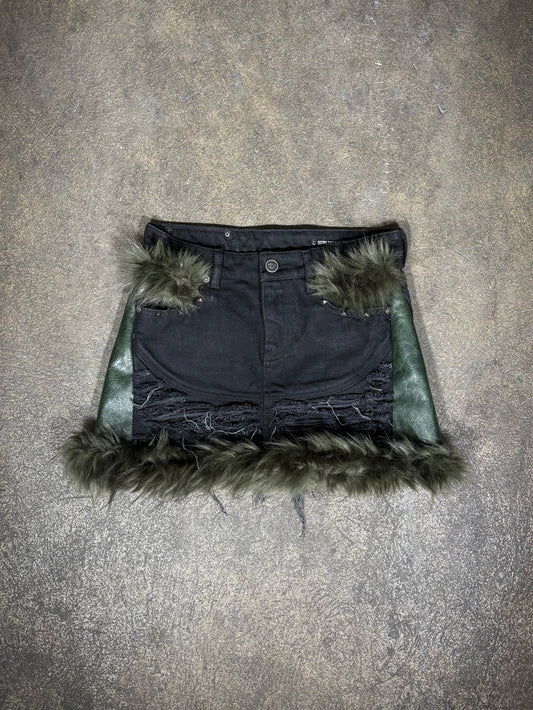 Subliminal Studios Leather Furr Denim Skirt Olive Grinch