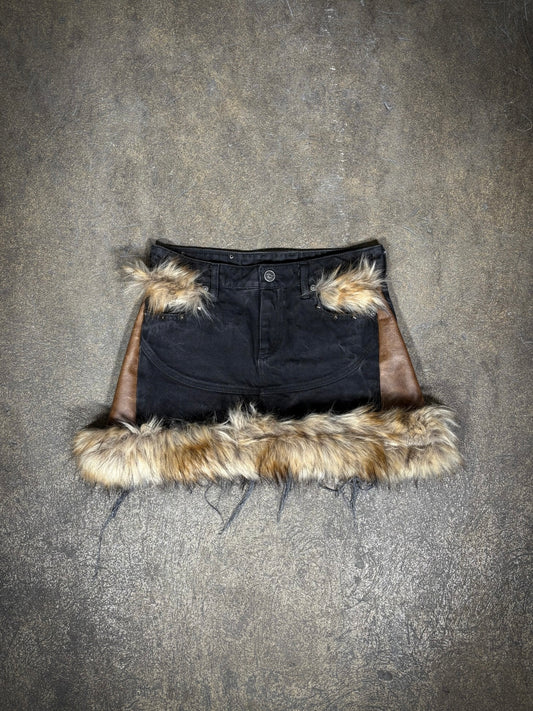 Subliminal Studios Leather Furr Denim Skirt Chocolate Brown